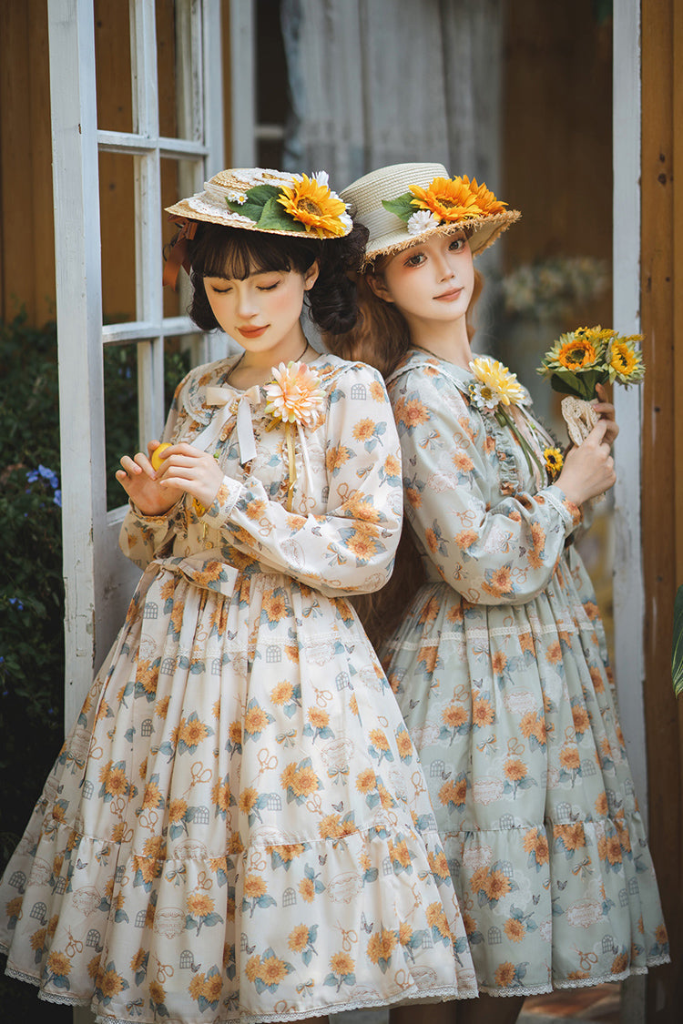 Green Gardening Sunflower Long Sleeves Print Ruffle Bowknot Sweet Elegant Lolita Dress