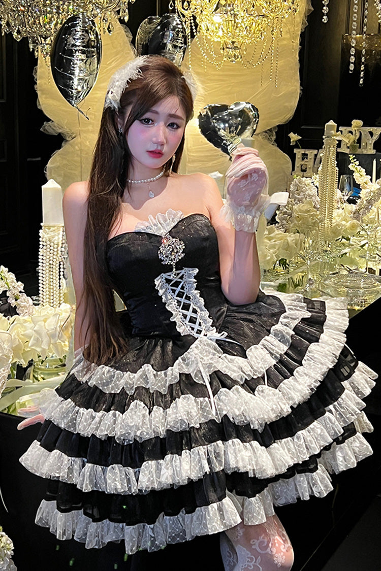 Black Heartbeat at First Sight Off Shoulder Sleeveless Multi-Layered Ruffle Bowknot Lace Lace-Up Sweet Princess Gorgeous Lolita Dress
