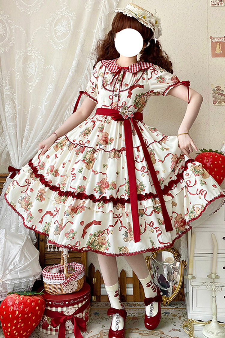 Bear's Strawberry Garden Lapel Collar Short Sleeves Print Bowknot Sweet Lolita Dress 4 Colors