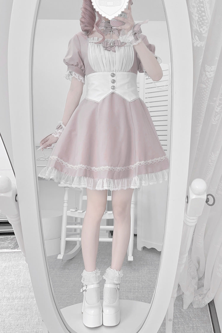 Pink/White Short Sleeves Ruffle Bowknot Cross Waist Maid Sweet Japanese Lolita Dress Set