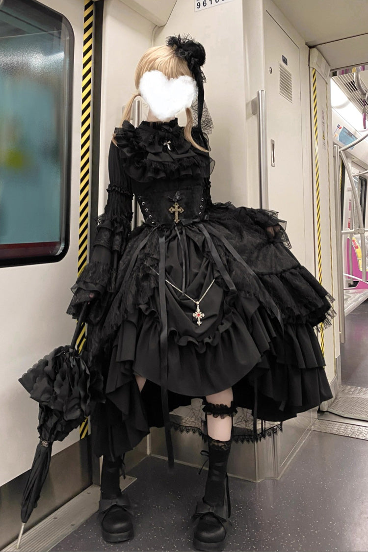Black Eternal Taboo Long Hime Sleeves Ruffled Bow Gothic Lolita Skirt Dress Set
