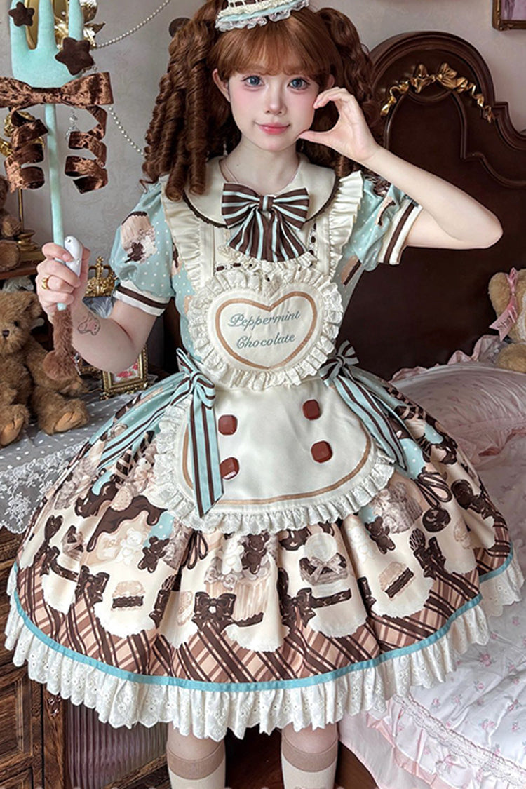 Brown Peppermint Chocolate Chocolate Cake Bear Print Ruffle Bowknot Lace-Up Sweet Lolita Dress