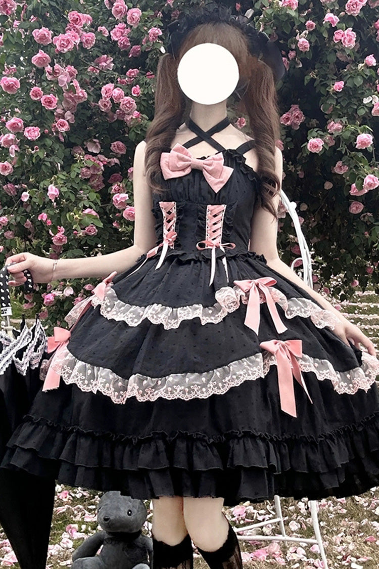 Black Miss Pearl Sleeveless Double-Layered Bowknot Lace Lace-Up Sweet Lolita Jsk Dress