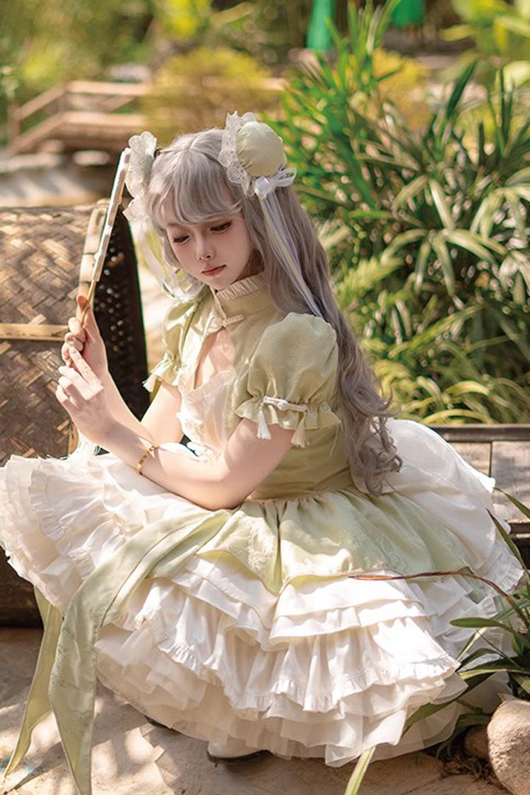 Green Long Trumpet Sleeves Ruffle Bowknot Lace Sweet Chinese Style Lolita Jsk Dress Set