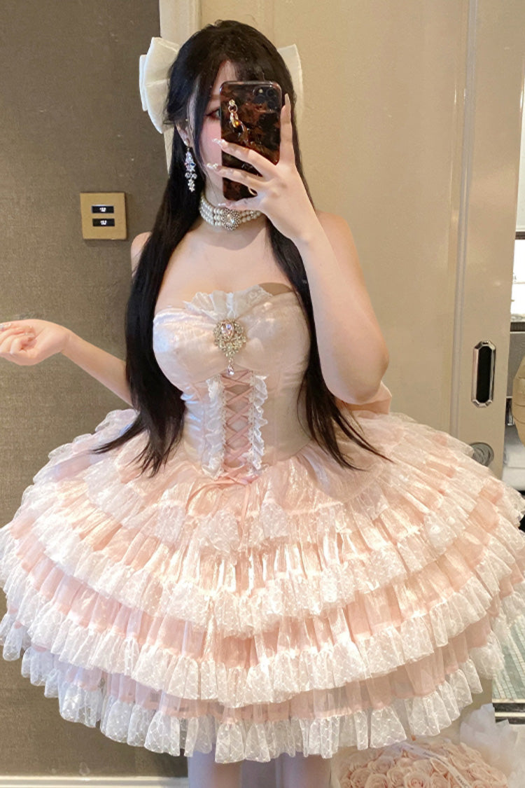 Pink Heartbeat at First Sight Off Shoulder Sleeveless Multi-Layered Ruffle Bowknot Lace Lace-Up Sweet Princess Gorgeous Lolita Dress