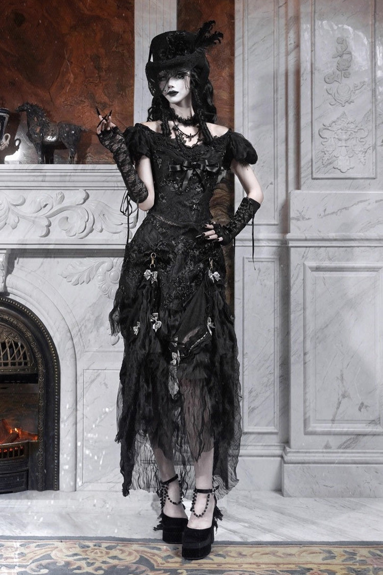 Black Cupid's Magic Box Basel French Ruffle Embroidery Bowknot Lace Gothic Elegant Lolita Long Skirt