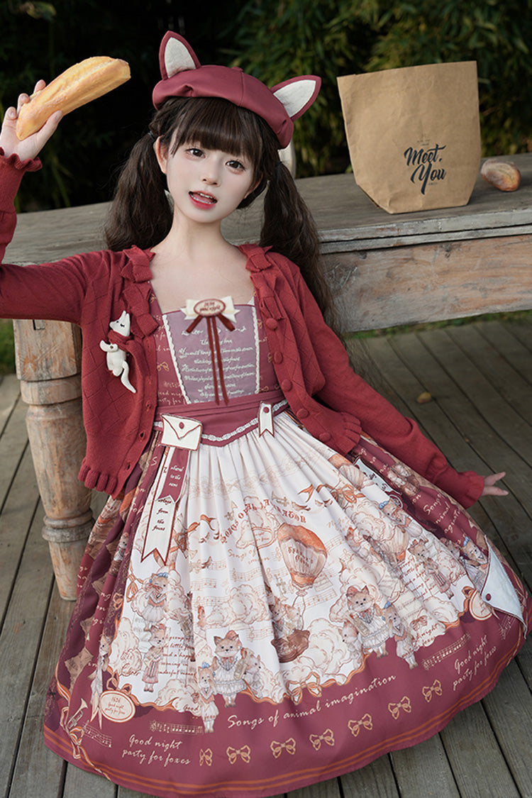 Wine Red Fox Band Print Square Collar Bowknot Classic Lolita Jumper Dress