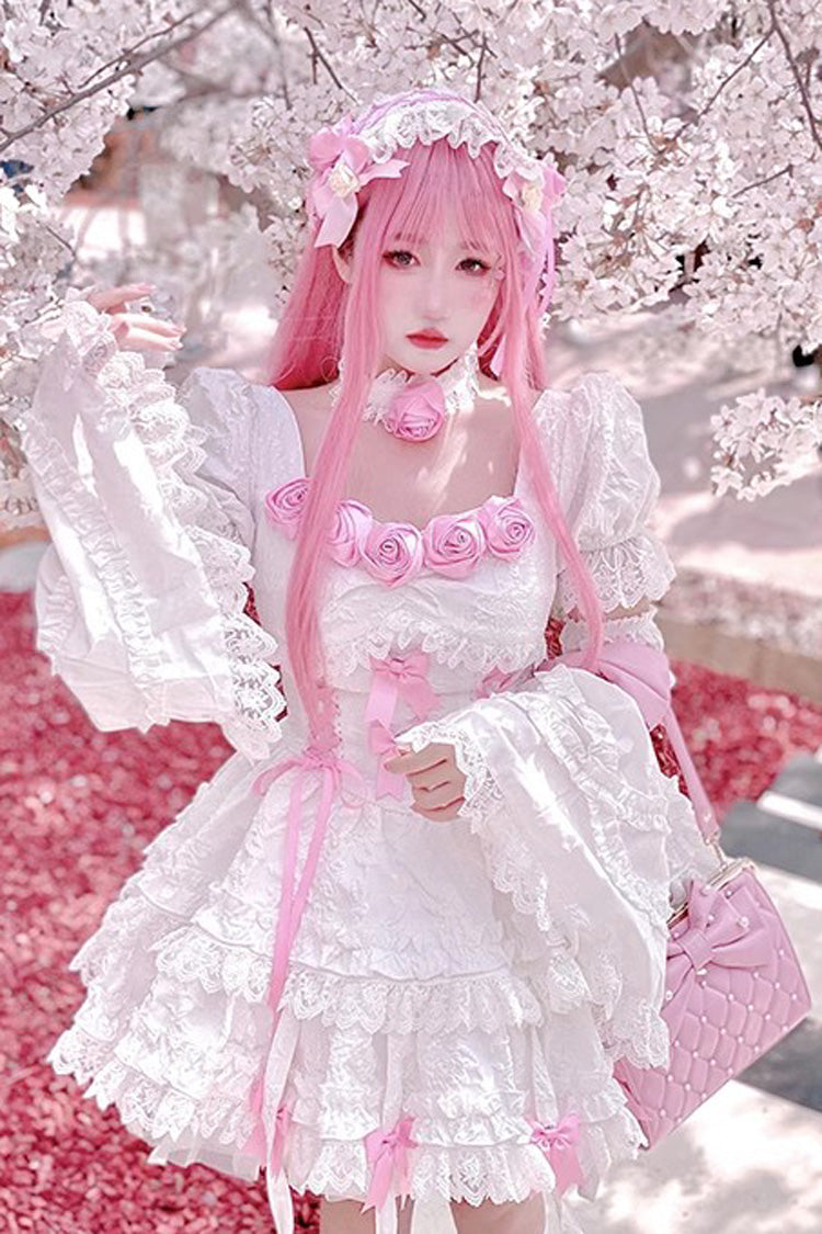 White/Pink Puff Short Sleeves Princess Gothic Lolita Tiered Dress