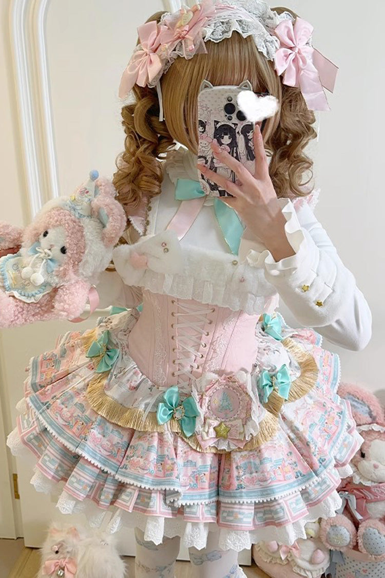 Pink Candy House Multi-Layered Print Ruffle Bowknot Lace-Up Sweet Ballet Lolita Jsk Dress