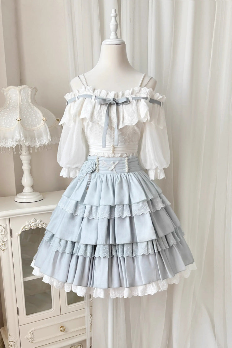 White/Blue Flower Language Multi-layer Ruffle Sweet Lolita Skirt Set