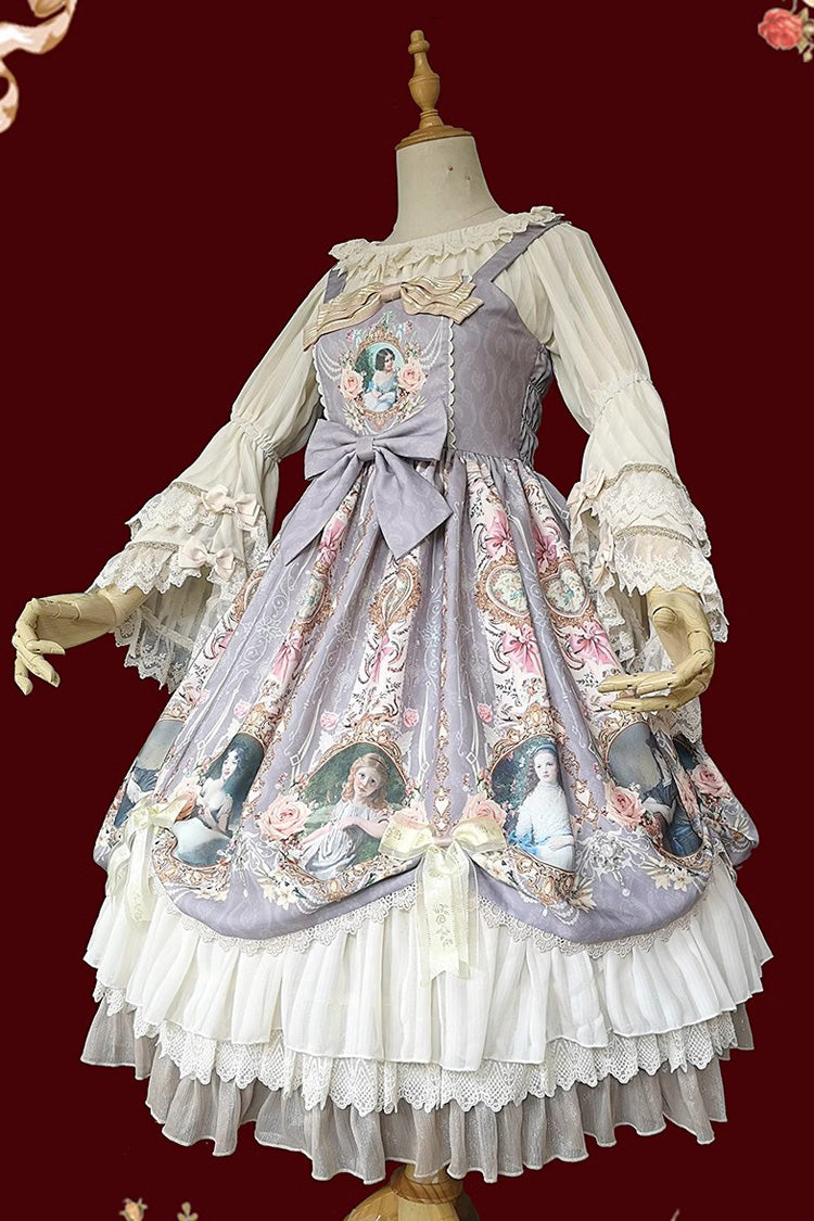 Portrait of A Little Lady Print Ruffle Bowknot Lace Classic Vintage Elegant Lolita Jsk Dress 3 Colors