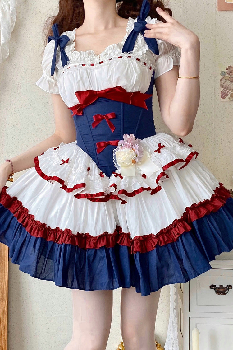 Red/White/Blue Fairy Tale Overture Triple-Layered Ruffle Bowknot Fishbone Sweet Ballet Lolita Dress