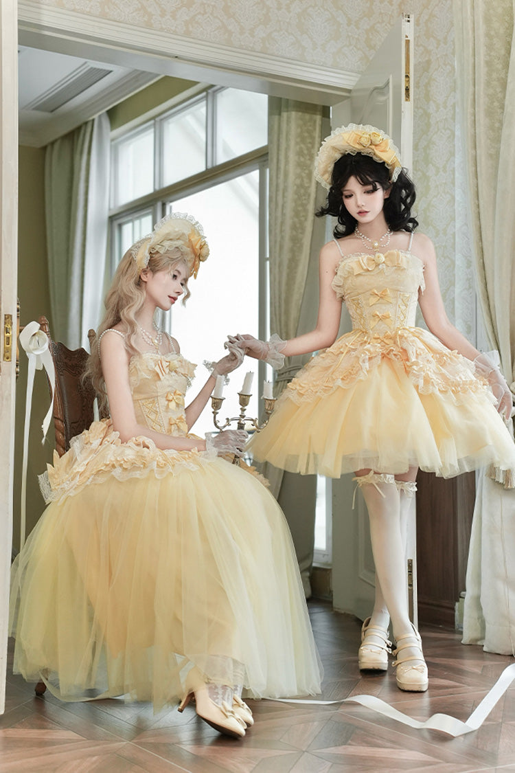 Yellow Sissi's Pilgrimage Off Shoulder Ruffle Bowknot Lace Sweet Lolita Skirt (Long Version)
