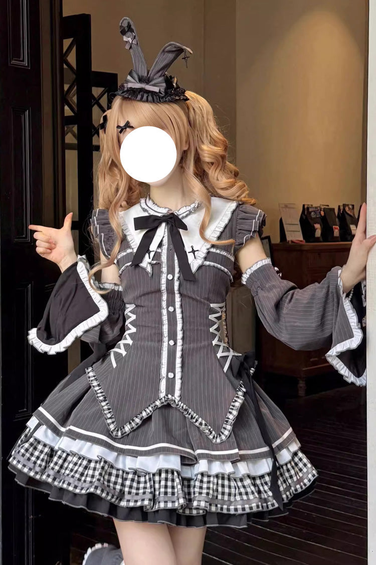 Black Berlin Covenant Detachable Sleeves Hime Sleeves Print Ruffle Bowknot Lace-Up Gothic Lolita Dress Set