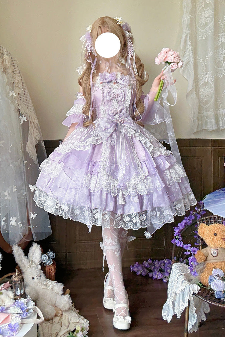 Purple Spring Waters Reflecting Pear Blossoms Ruffled Embroidered Open-Front Bow Lace Sweet Lolita Jsk Dress