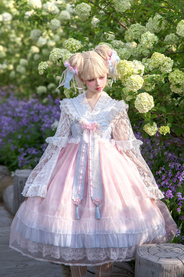 Peach Blossoms in Spring Fields Sleeveless Ruffle Bowknot Lace Sweet Chinese Style Lolita Jsk Dress 3 Colors