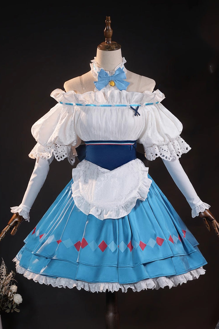 Blue/White Arknights Short Puff Sleeves Double-Layered Print Bowknot Lace Cosplay Classic Lolita Dress Set