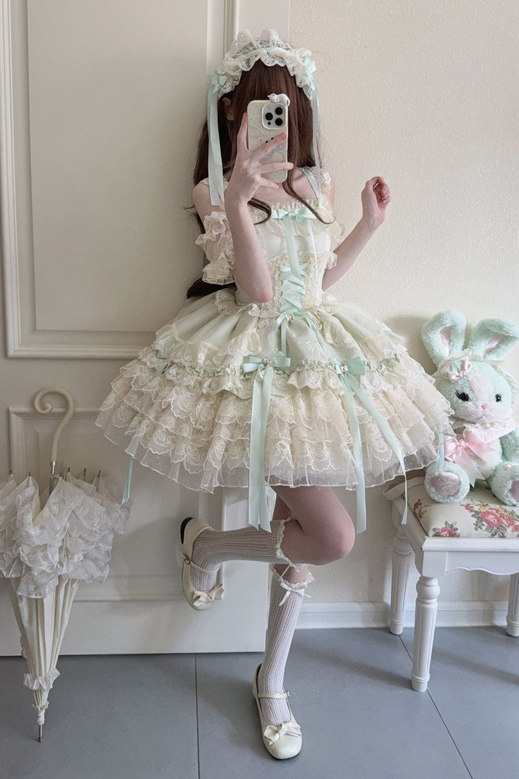 Green Ribbon Heart Love Sleeveless Multi-Layered Ruffle Bowknot Lace Lace-Up Sweet Princess Ballet Lolita Jsk Dress