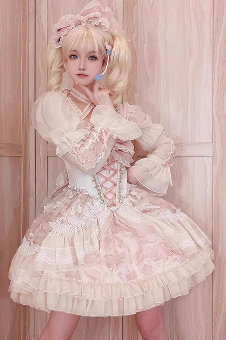 Pink Lilibet Print Ruffle Cardigan Bowknot Lace Fishbone Sweet Lolita Dress