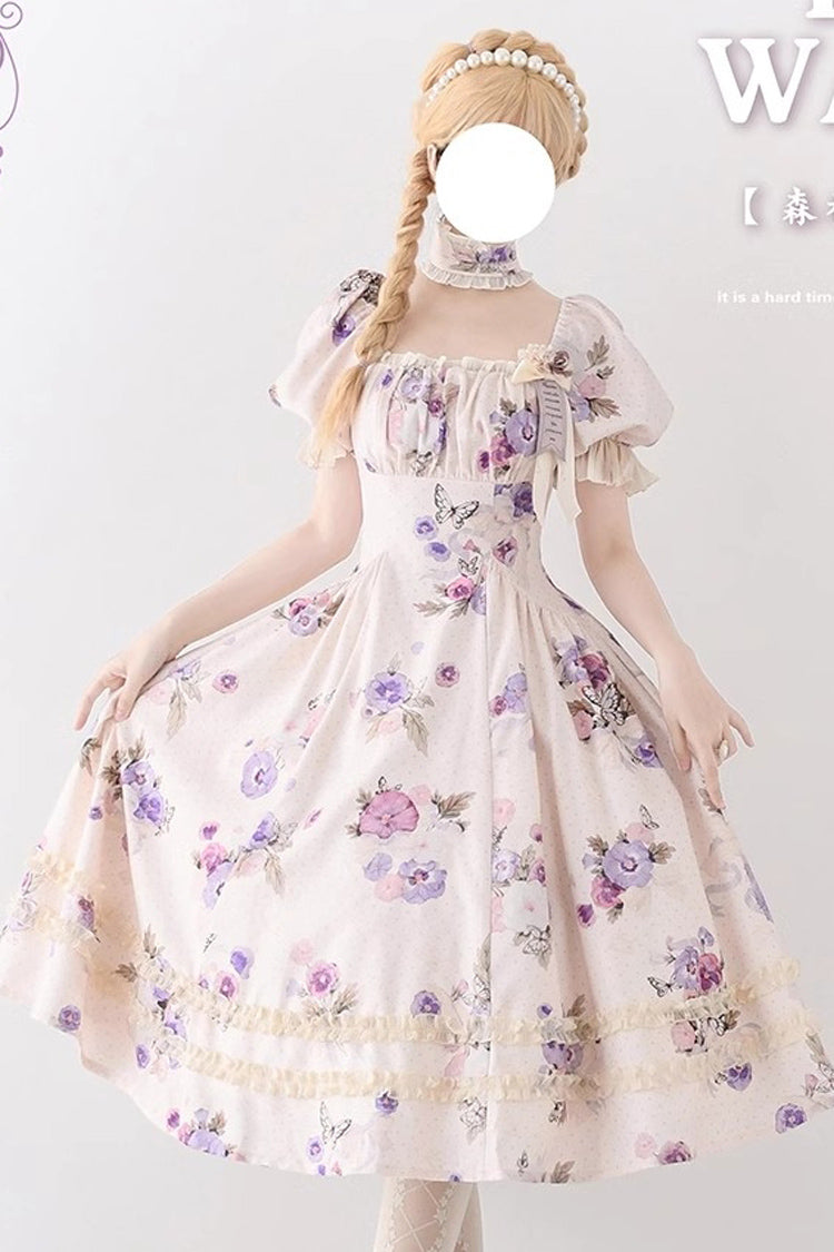 Forest Basket Print Short Sleeves Ruffle Lace Sweet Elegant Lolita Dress 6 Colors
