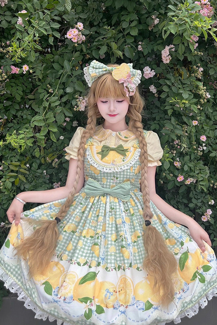 Green Lemon Chicken Print Ruffle Bowknot Lace Sweet Lolita Jsk Dress