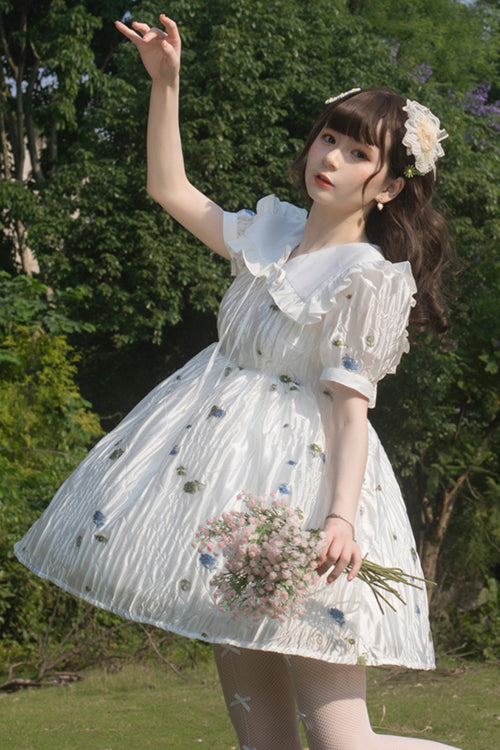 White French Lapel Collar Bubble Short Sleeves Floral Print High Waisted Sweet Lolita Dress