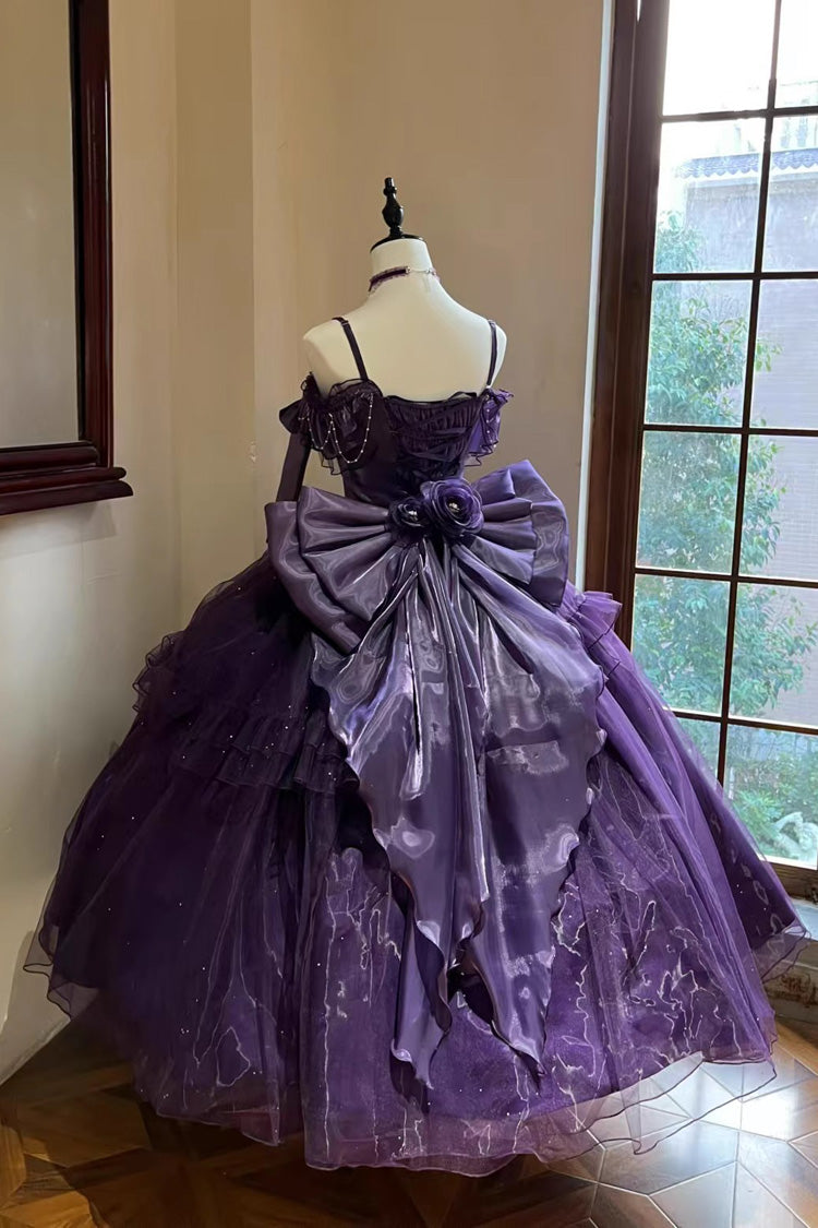 Purple Bright Stars Off Shoulder Ruffle Bowknot Asymmetric Sweet Elegant Princess Lolita Dress