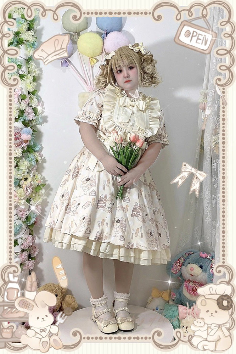 Ivory Short Puff Sleeves Print Ruffle Bowknot Plus Size Princess Lolita Dress