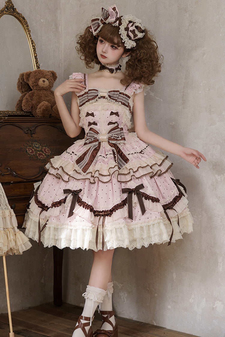 Pink Shengqiao Tata Sleeveless Print Ruffle Bowknot Lace-Up Sweet Elegant Lolita Jsk Dress