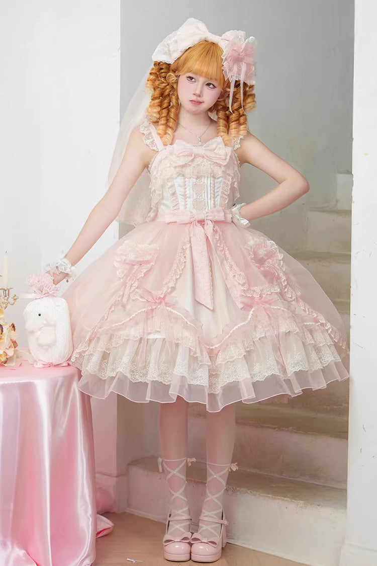 Pink Candy Flavor Square Collar Sleeveless Ruffled Bow Lace Sweet Gorgeous Lolita Jsk Dress