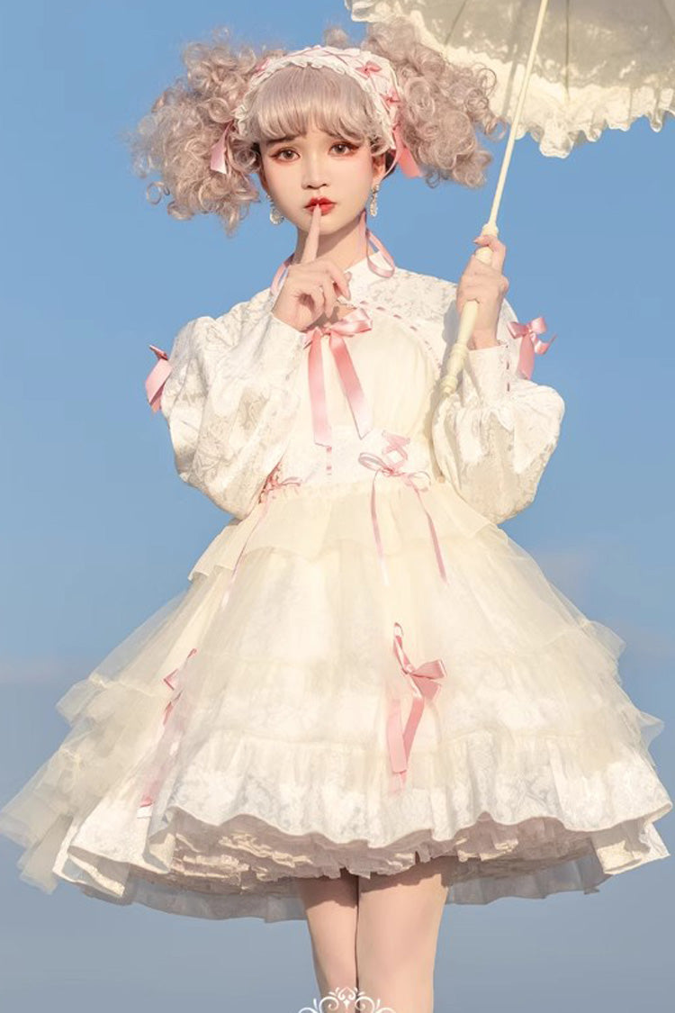 Love Song Long Sleeves Multi-Layered Jacquard Ruffle Bowknot Sweet Gothic Lolita Dress 3 Colors