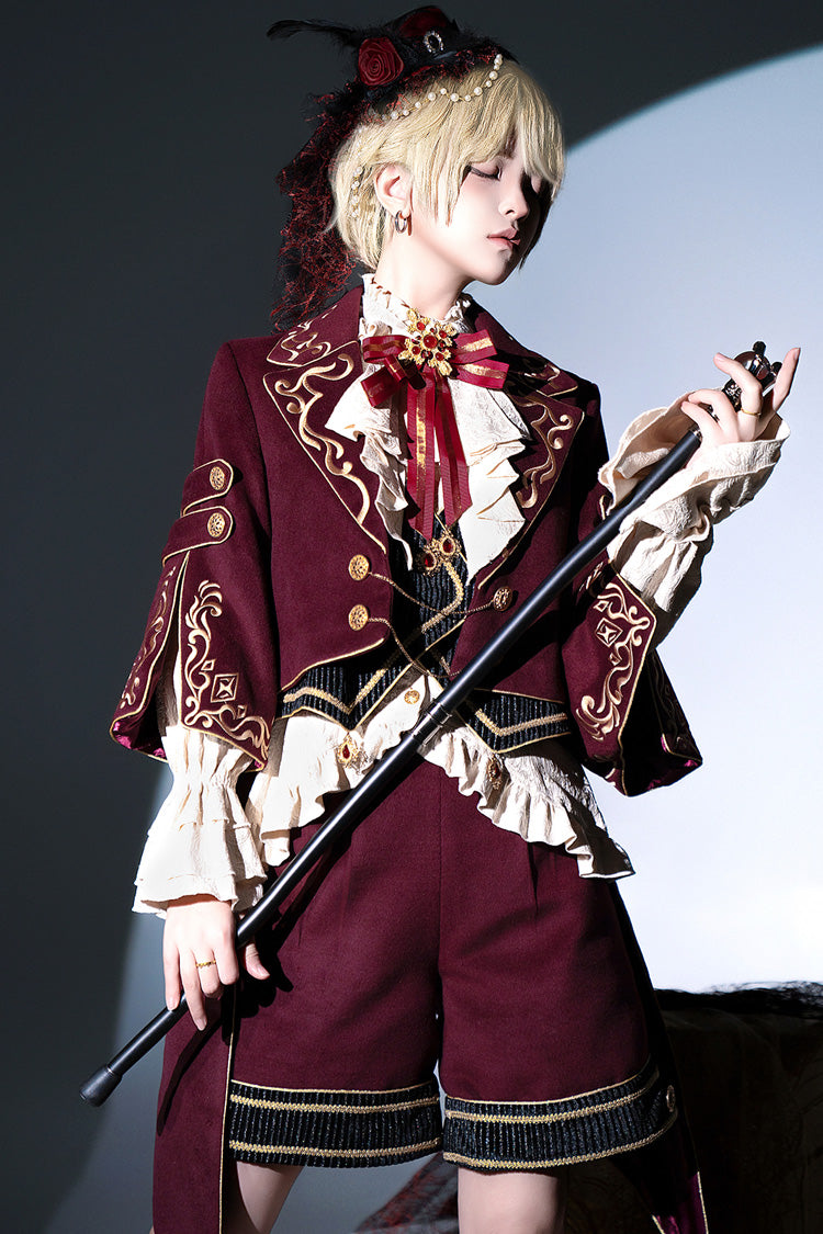 Red Royal Heir Embroidery Classic Military Gorgeous Handsome Ouji Lolita Coat Blouse Shorts Set