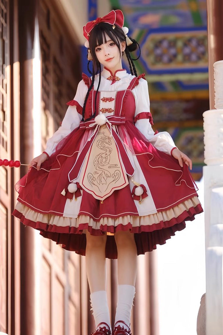 Red Double-Layered Dragon Print Bowknot Lace Sweet Lolita Jsk Dress