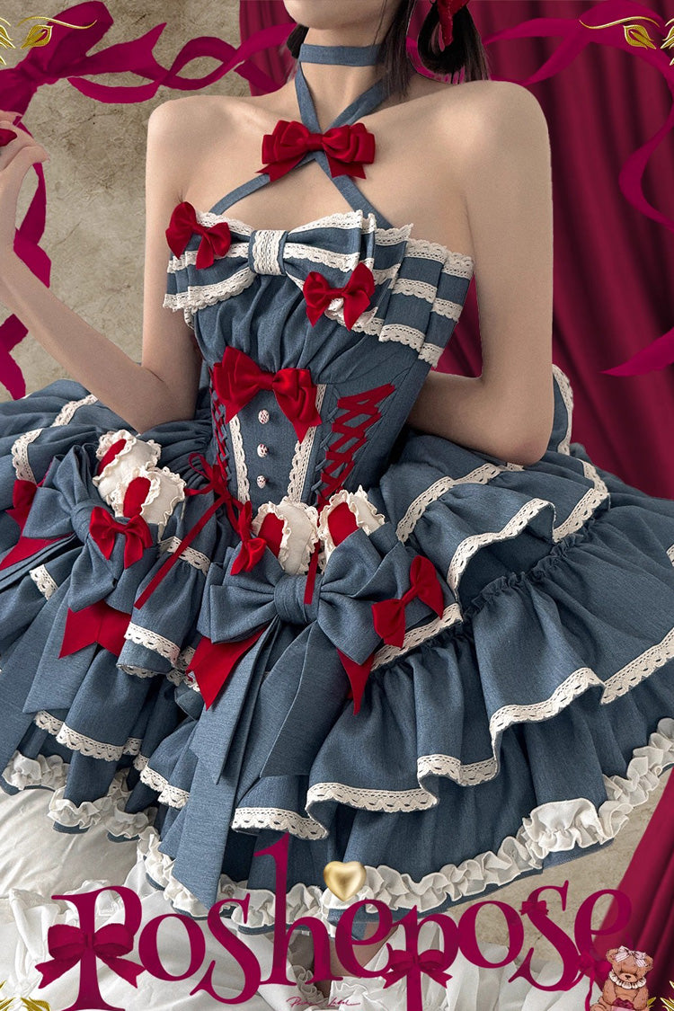 Blue Milk Rabbit Theater Halterneck Sleeveless Triple-Layered Ruffle Bowknot Lace-Up Sweet Lolita Jsk Dress