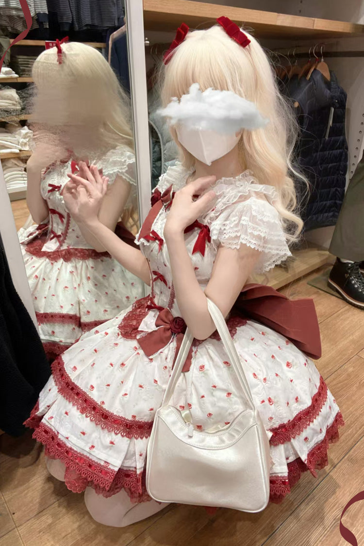Wine Red First Love Rose Multi-Layered Print Ruffle Bowknot Lace Sweet Lolita Jsk Dress Set