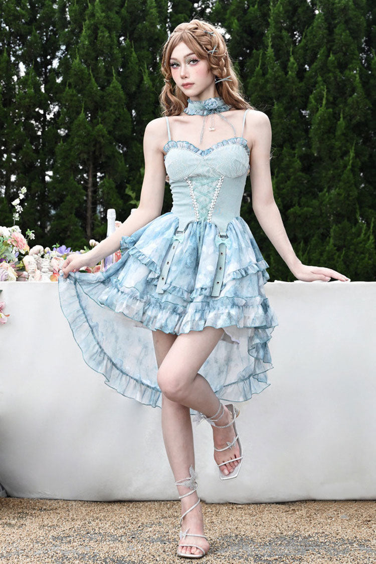 Blue Mirrorless Dream Double-Layered Tie-dyed Print Ruffle Bowknot Lace Train Sweet Lolita Jsk Dress
