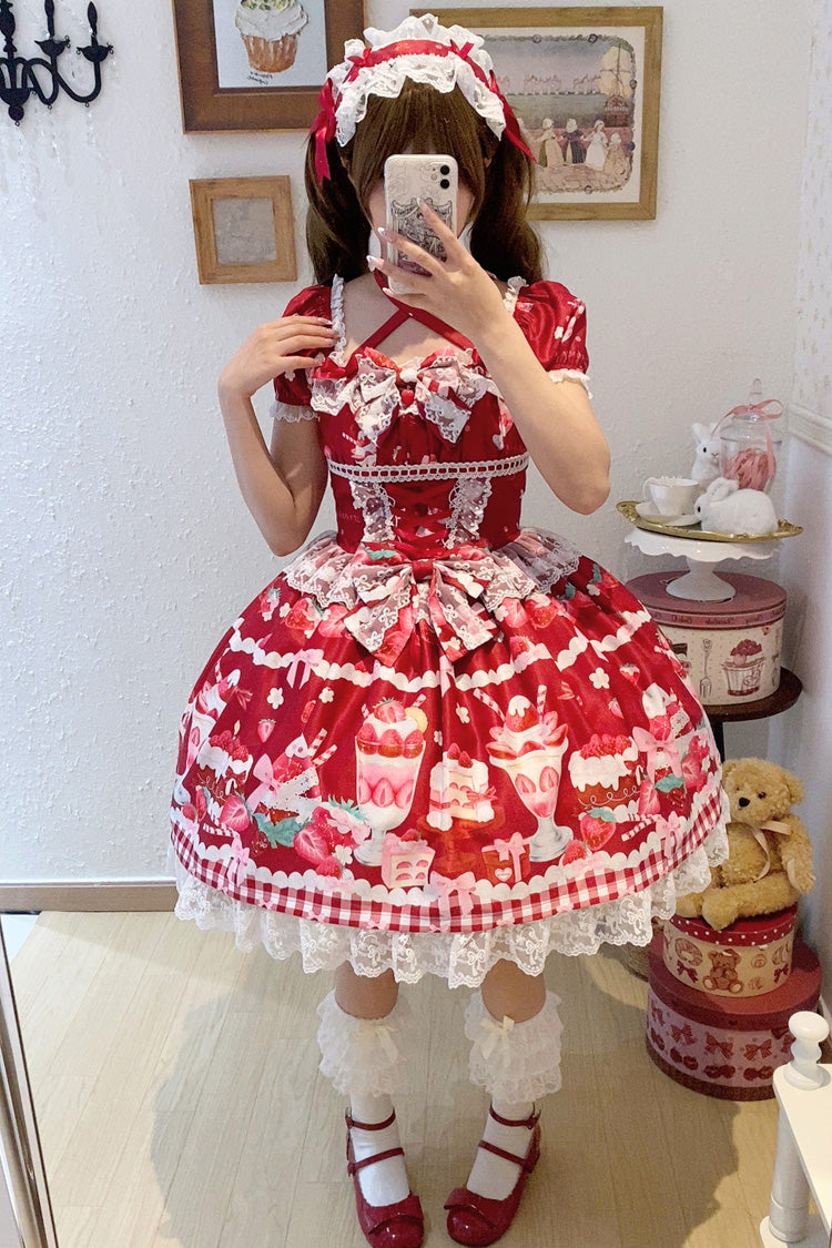 Red Strawberry Parfait Print Short Sleeves Ruffle Bowknot Lace Lace-Up Sweet Lolita Dress