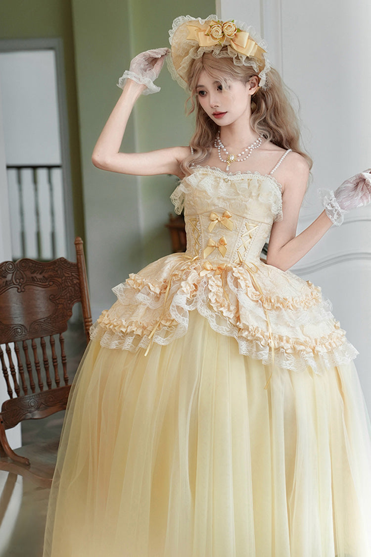 Yellow Sissi's Pilgrimage Off Shoulder Ruffle Bowknot Lace Sweet Lolita Skirt (Long Version)