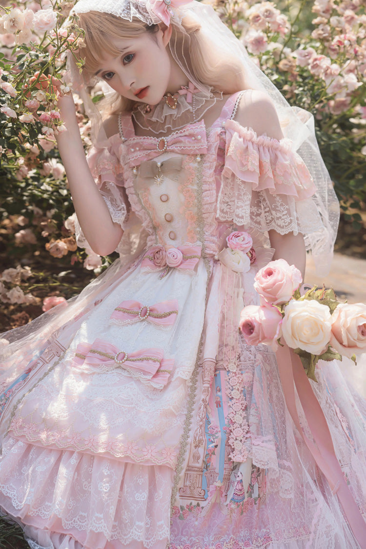 Pink Moonlight Melody Off Shoulder Sleeveless Multi-Layered Hanayome Open-Front Bow Lace Sweet Gorgeous Lolita Jsk Dress Set