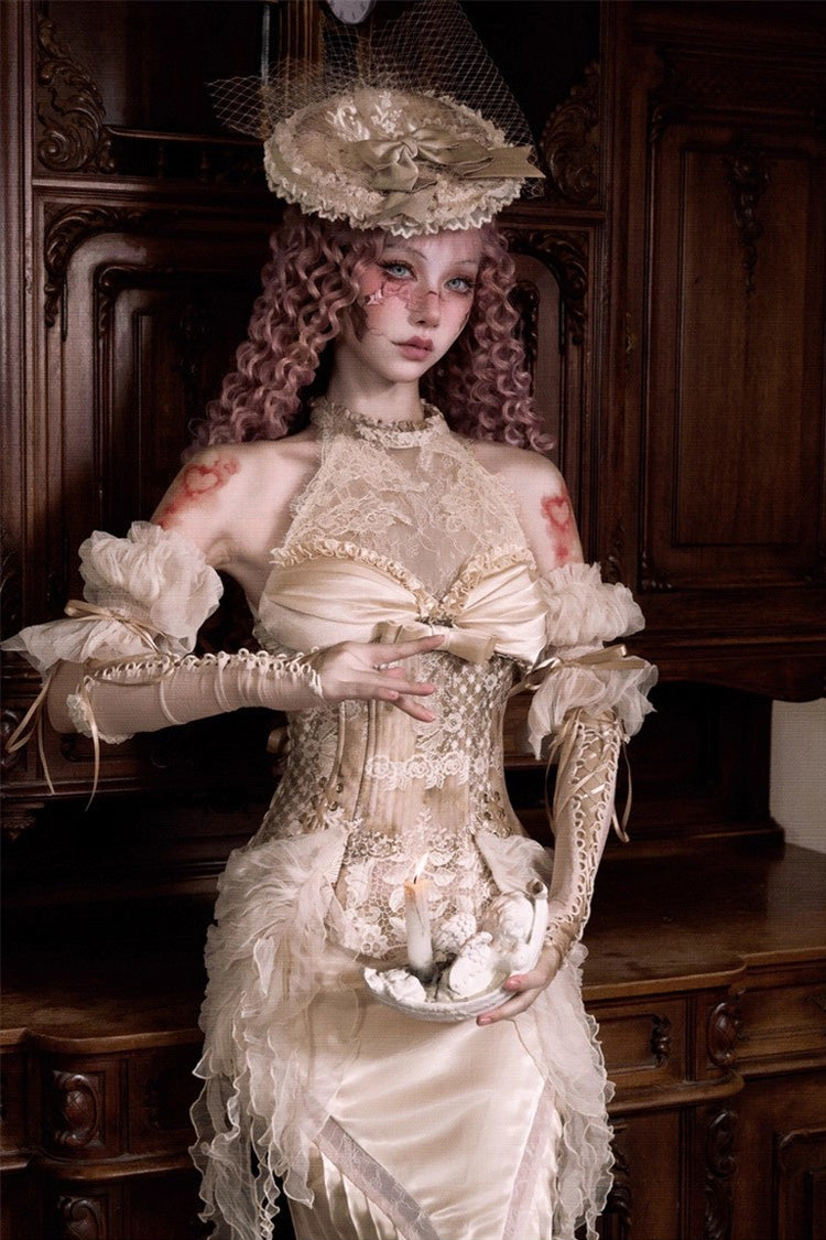 Golden Cupid's Poetry Box Halterneck Ruffled Embroidered Bow Lace Slim Fishbone Gothic Lolita Top and Skirt Dress Set
