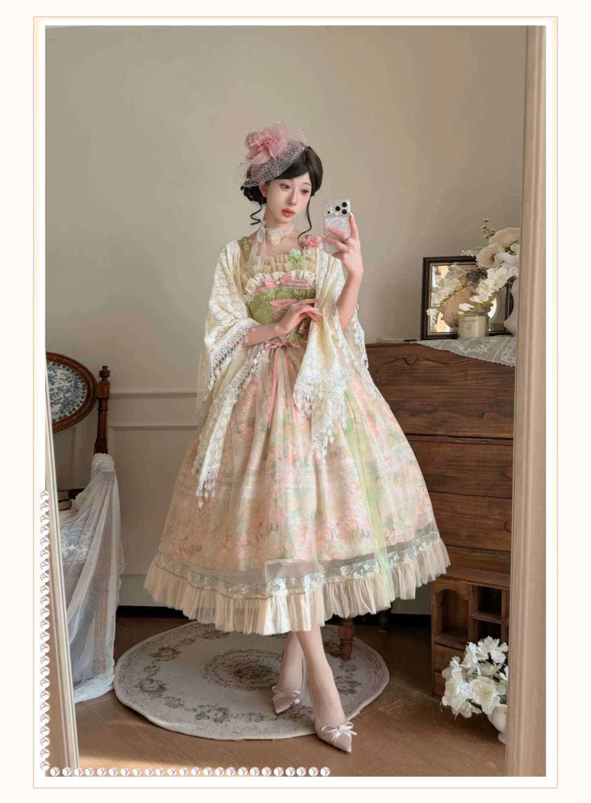 Green Floral Sleeveless Corset Ruffled Mesh Sweet Princess Vintage Lolita Jsk Dress