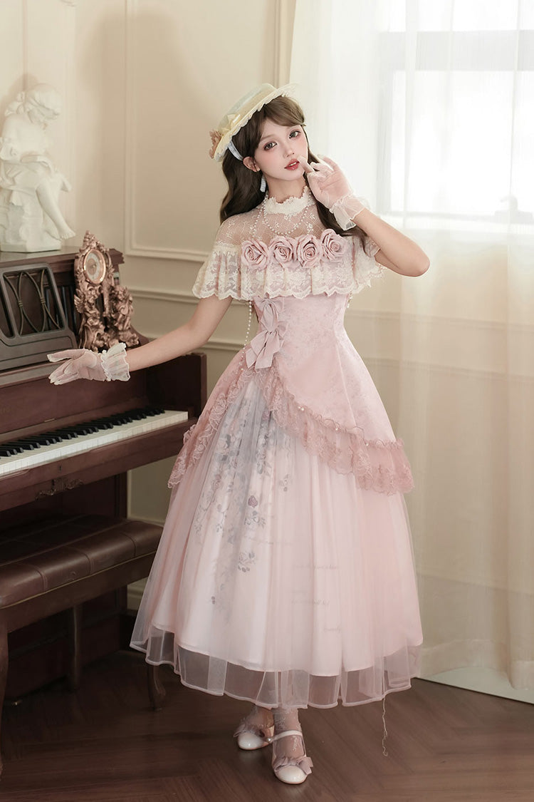 Pink Rose Poems Ruffle Embroidery Bowknot Lace Asymmetric Sweet Elegant Lolita Dress Set