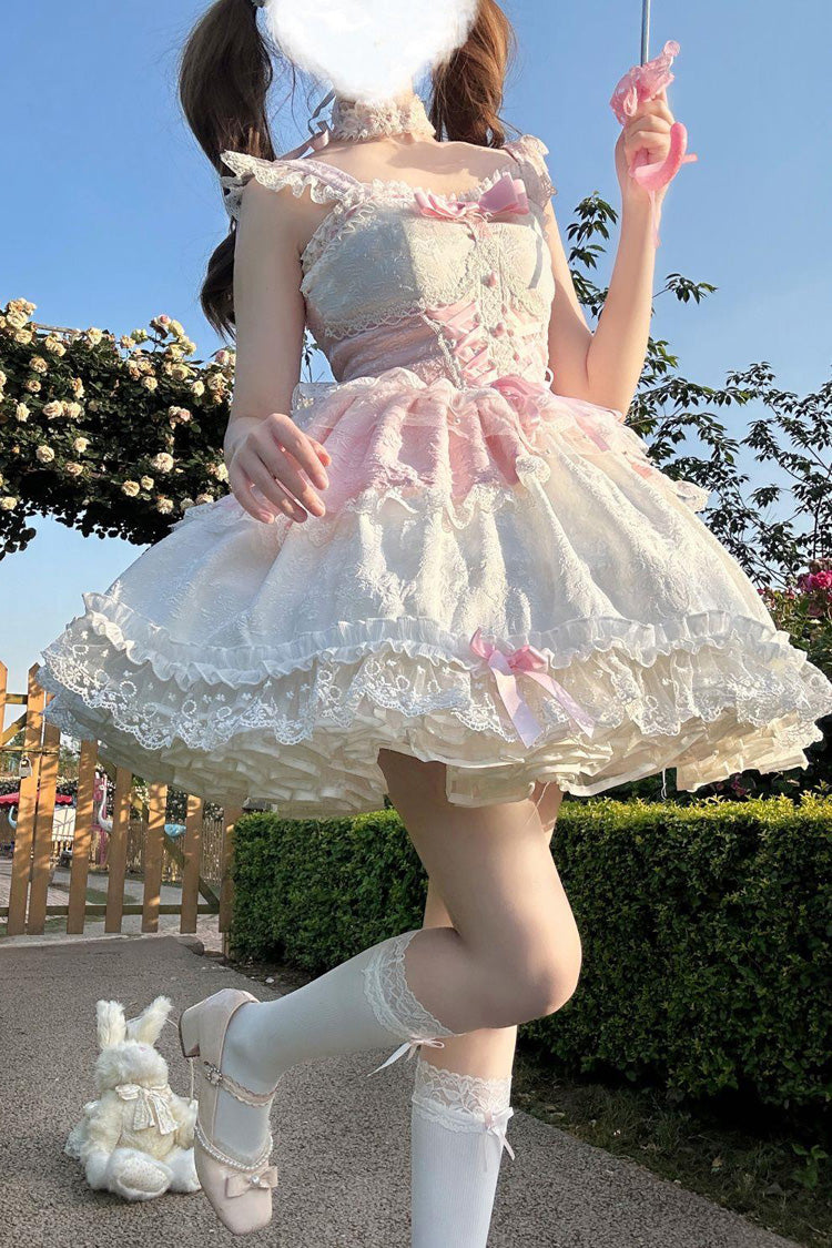 Pink Leiffu Sleeveless Ruffle Bowknot Lace Lace-Up Sweet Ballet Lolita Jsk Dress
