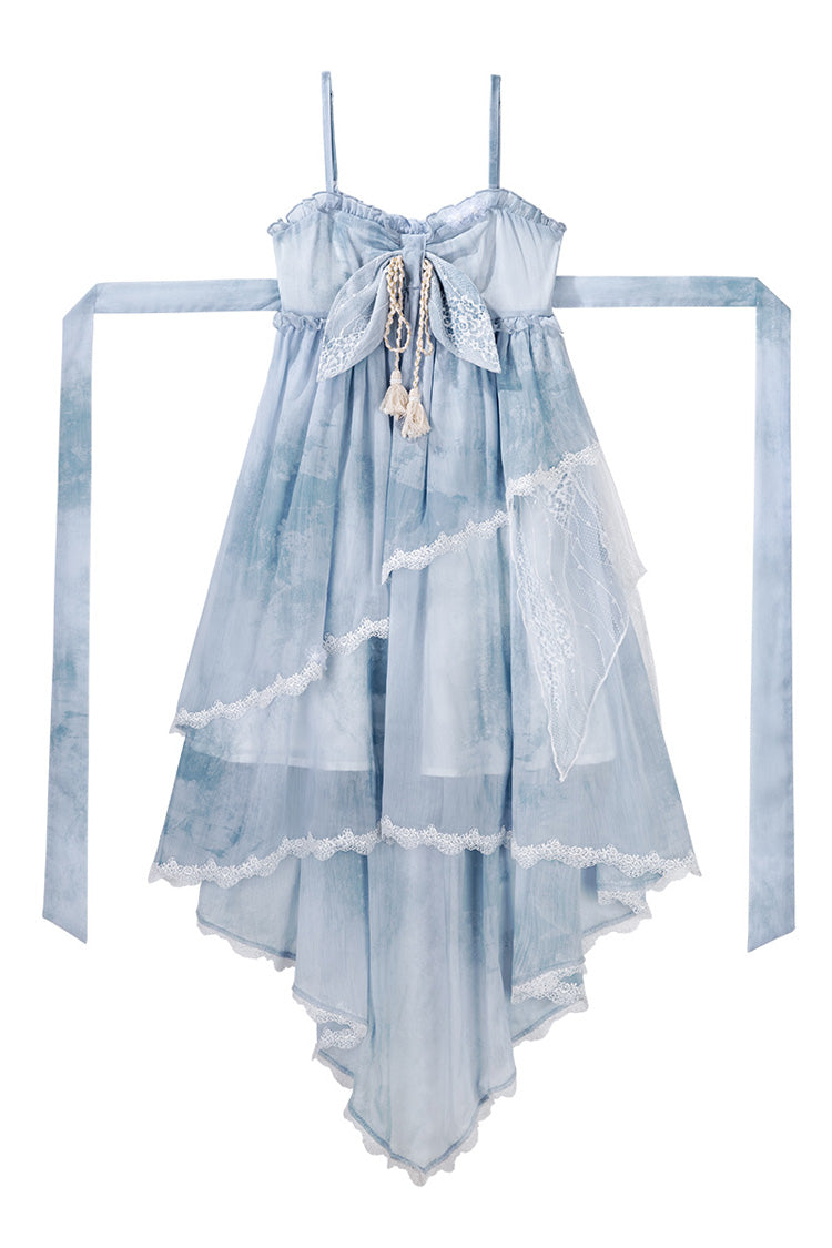 Blue Clouds Resting in the Wilderness Print Ruffle Embroidery Bowknot Lace Irregular Lolita Jsk Dress