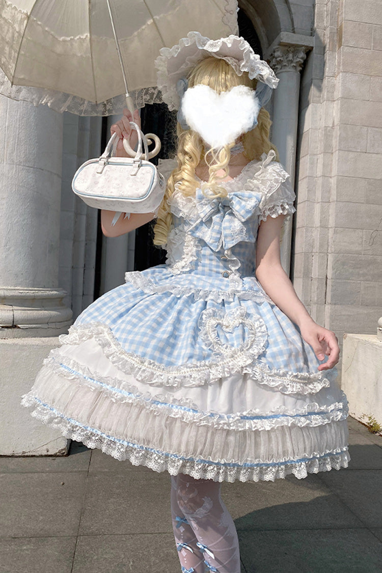 Blue Tea Break Sweetheart Short Sleeves Multi-Layered Plaid Print Ruffle Sweet Lolita Dress