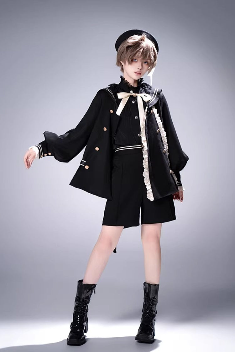 Black City of Mist Navy Collar Long Sleeves Gothic College Style Prince Ouji Lolita Shorts Coat Set
