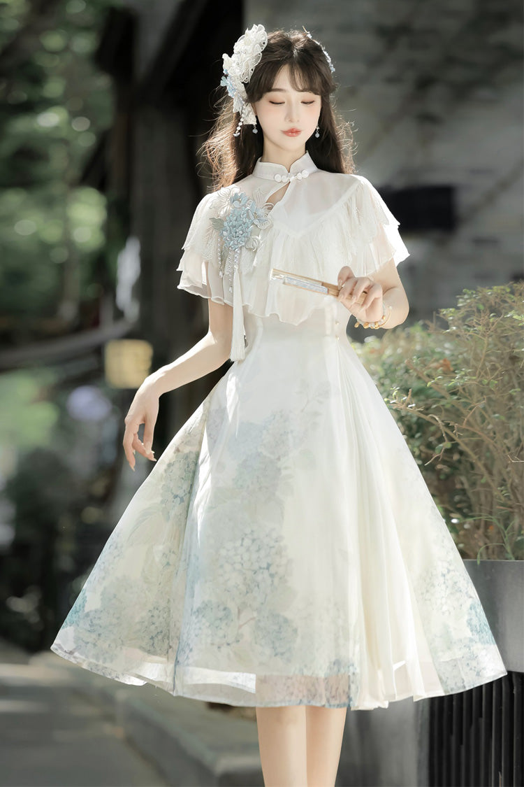 White Hydrangea Message Short Sleeves Print Ruffle Lace Sweet Chinese Style Elegant Lolita Short Dress