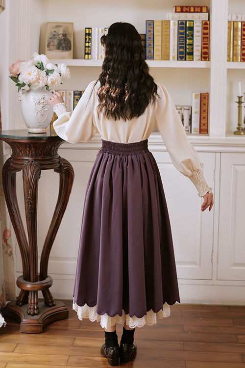 Solid Color High Waisted Lace Wave Hem Two Pieces Classic Lolita Dress