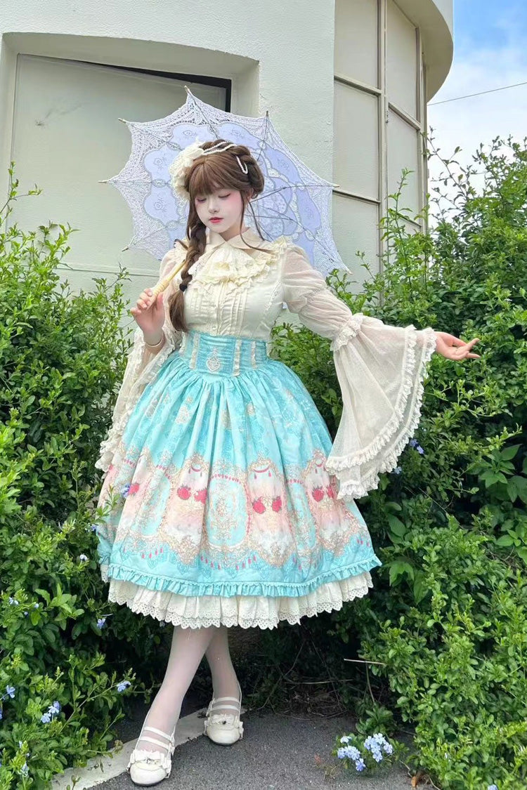 Blue Moonlit Garden Secret Print Ruffle Embroidery Lace Sweet Elegant Palace Lolita Skirt