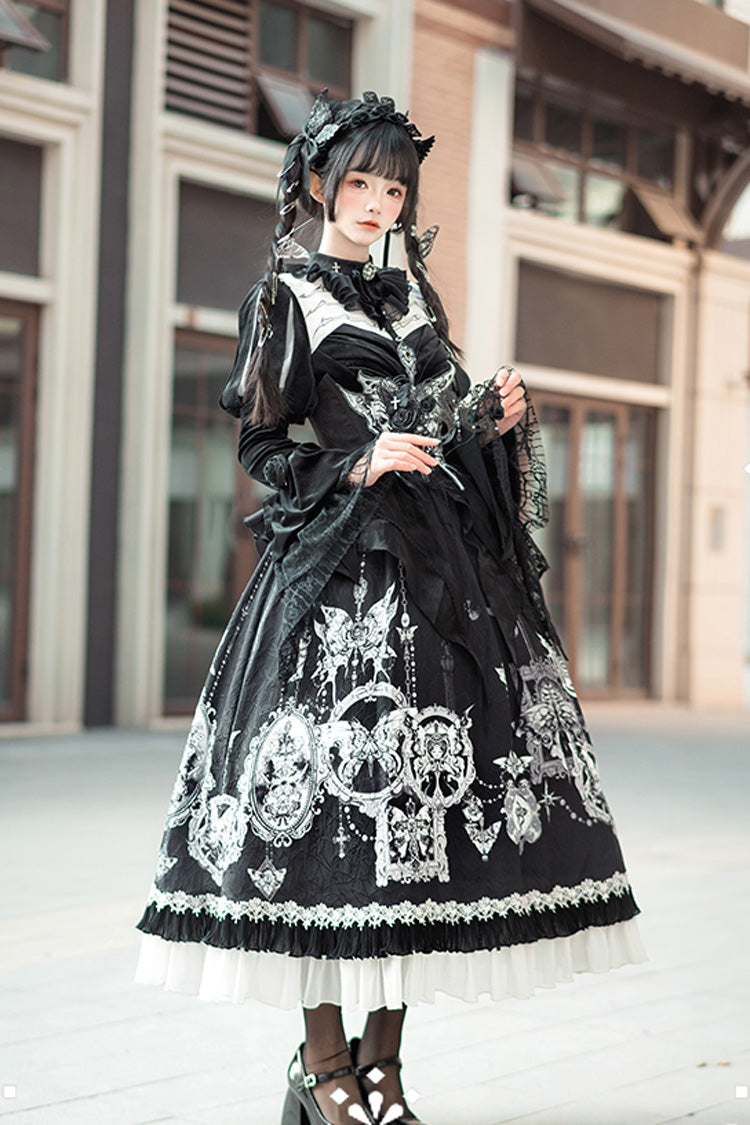 Black Feast of Bones Print Ruffle Bowknot Lace Gothic Elegant Lolita Long Dress